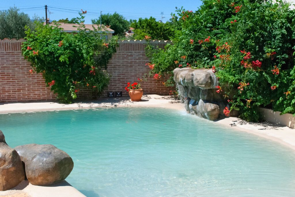 Pequeña piscina de arena rodeada de vegetación y flores rojizas, a los dos lados grandes piedras, al fondo muro de ladrillos y se ven los alrededores de la casa